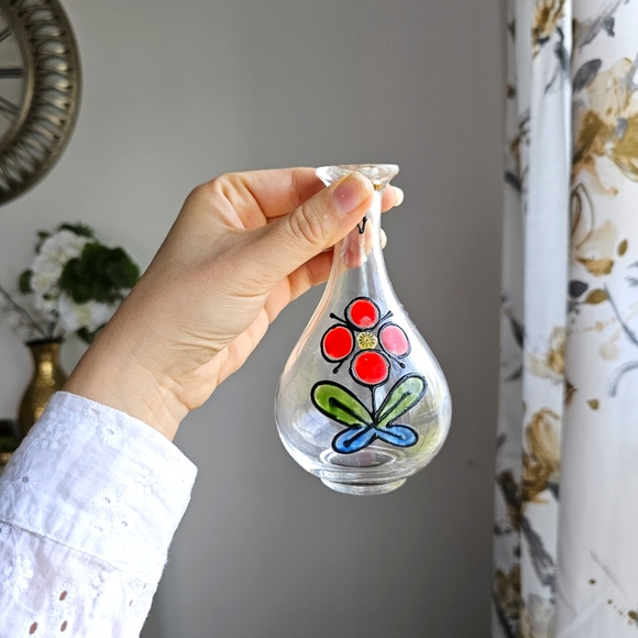 Antique Handpainted Glass Cruet Set Red Flowers, Wood Stoppers, Made in Japan - Picture 9 of 13